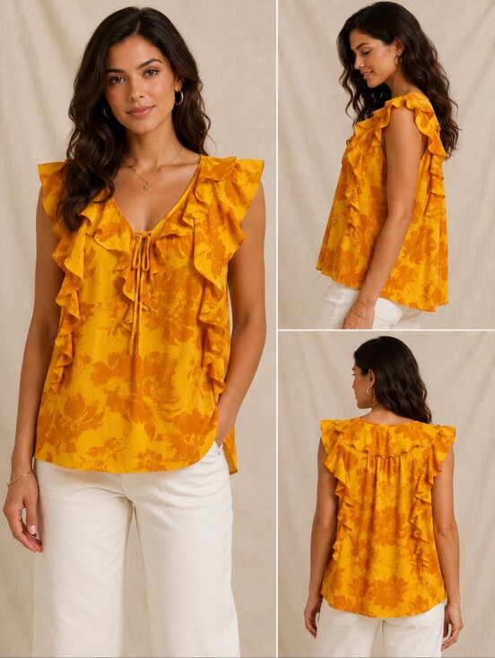 Worthington Tops - 🥬Worthington Women's Gold Yellow Floral Ruffle Blouse – Size Large